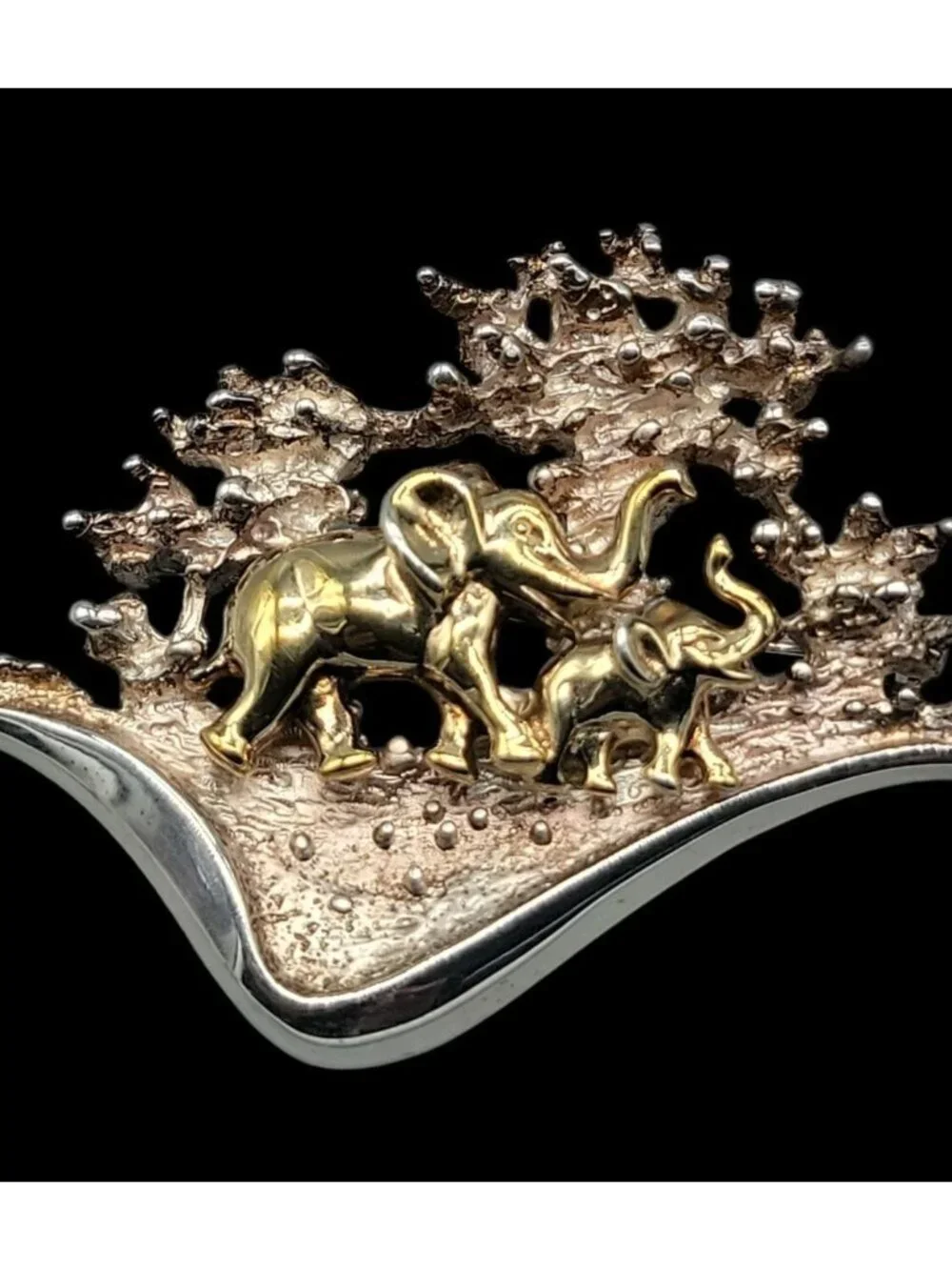 FB Sterling Silver w/10k Elephants Brooch Marching Through Detailed Scene
